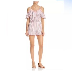 AQUA Pom-Pom Trim Cold-Shoulder Romper (XS)